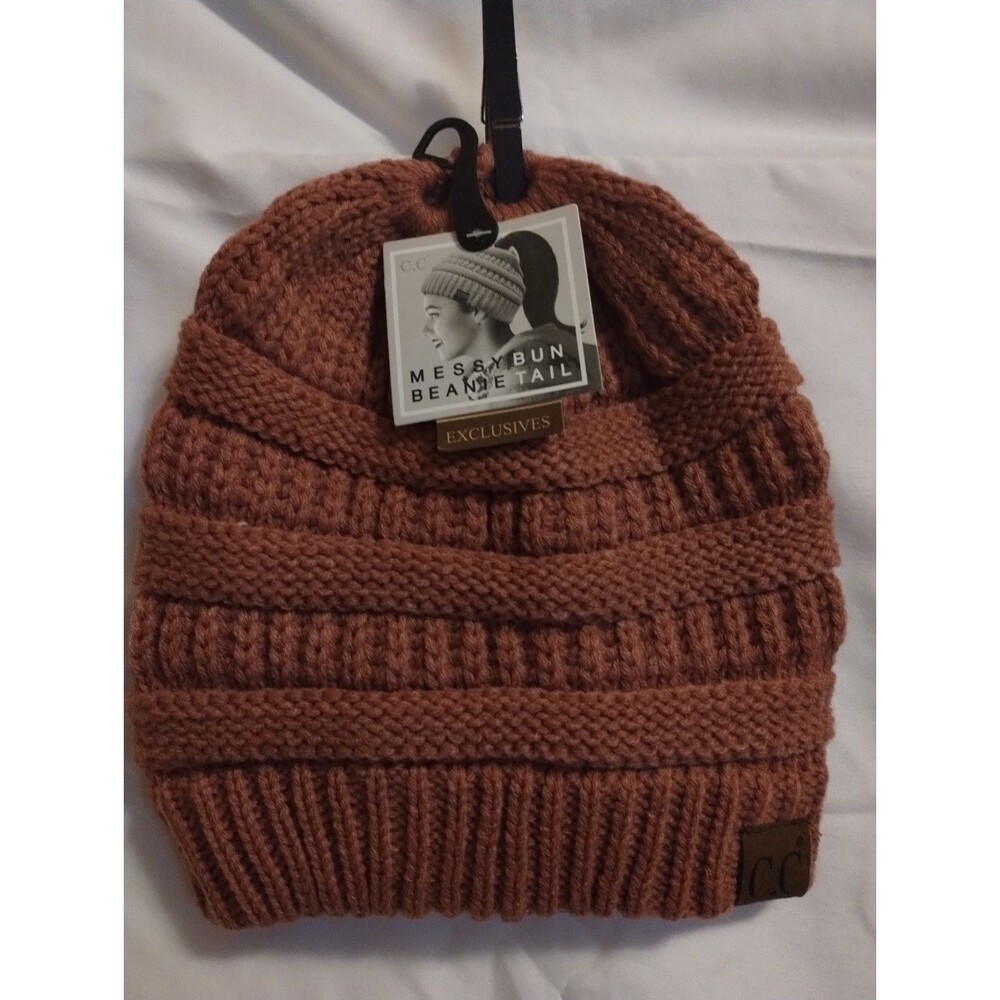 C.C Exclusives Women’s Messy Bun Ponytail Knit Beanie Hat Brown One Size